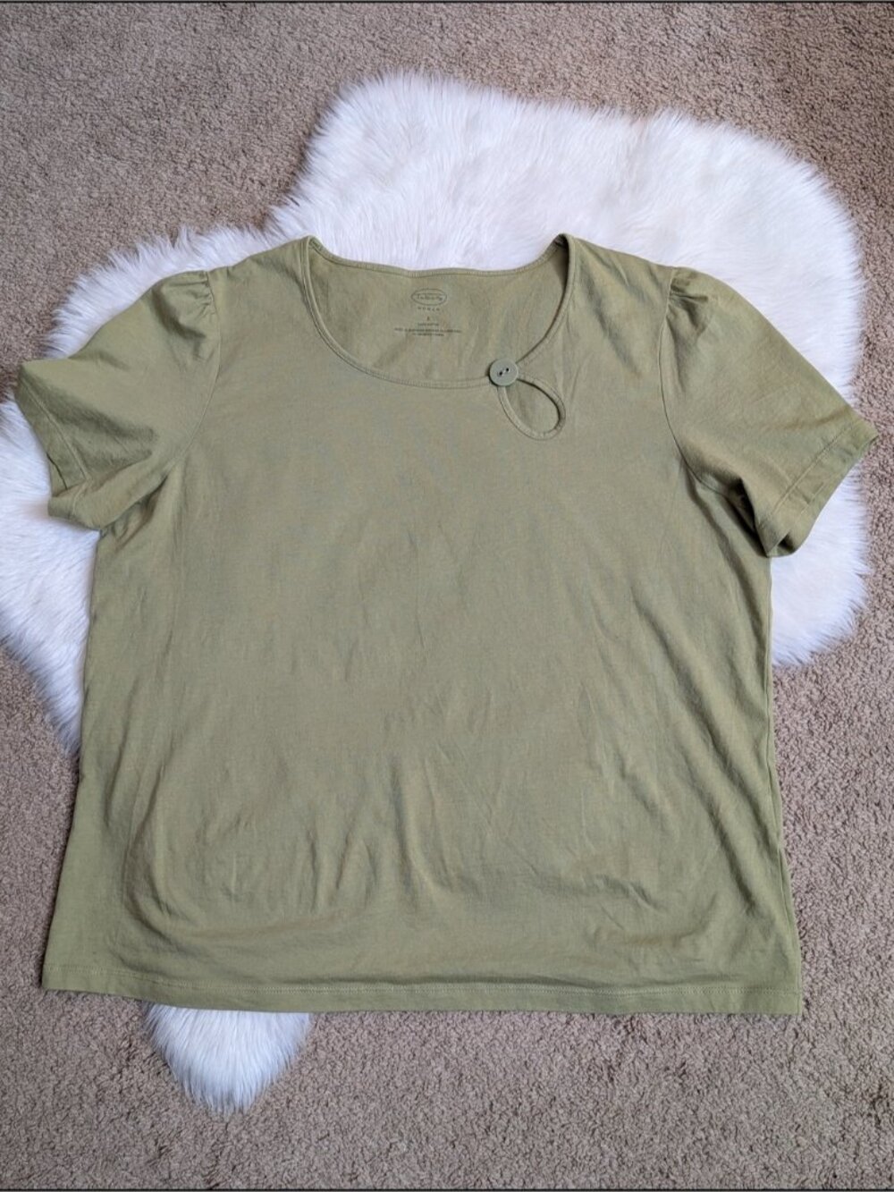 Woman Olive Short Sleeve Scoop Neck Top with Button Detail - Picture 1 of 5